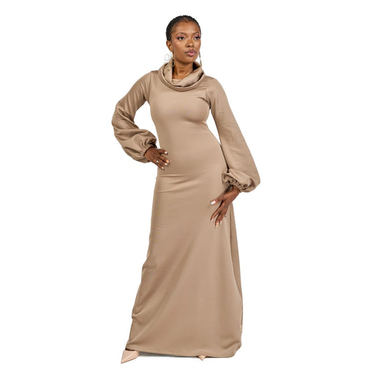 "Neyx" Cowl Neck Lantern Sleeve Bodycon - Taupe