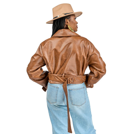 “Caramel Code” Vegan Leather Crop Trench Coat