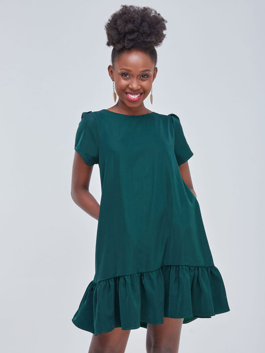 “Malindi" Tunic Dress with Ruffle- Emerald