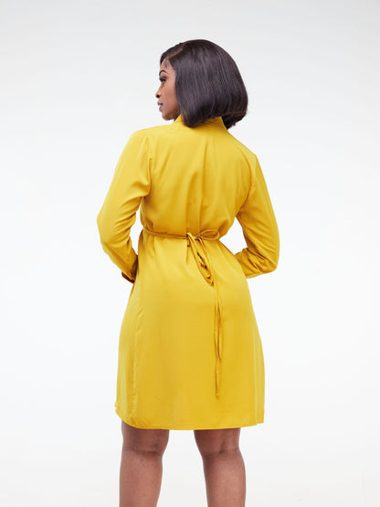 "Mamma Mia" Shawl Collar Wrap Dress- Mustard