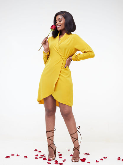 "Mamma Mia" Shawl Collar Wrap Dress- Mustard