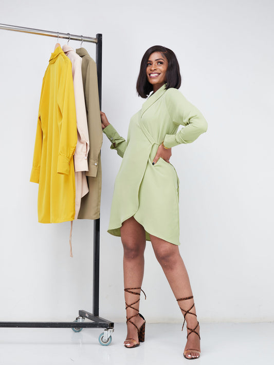 "Mamma Mia" Shawl Collar Wrap Dress- Sage Green