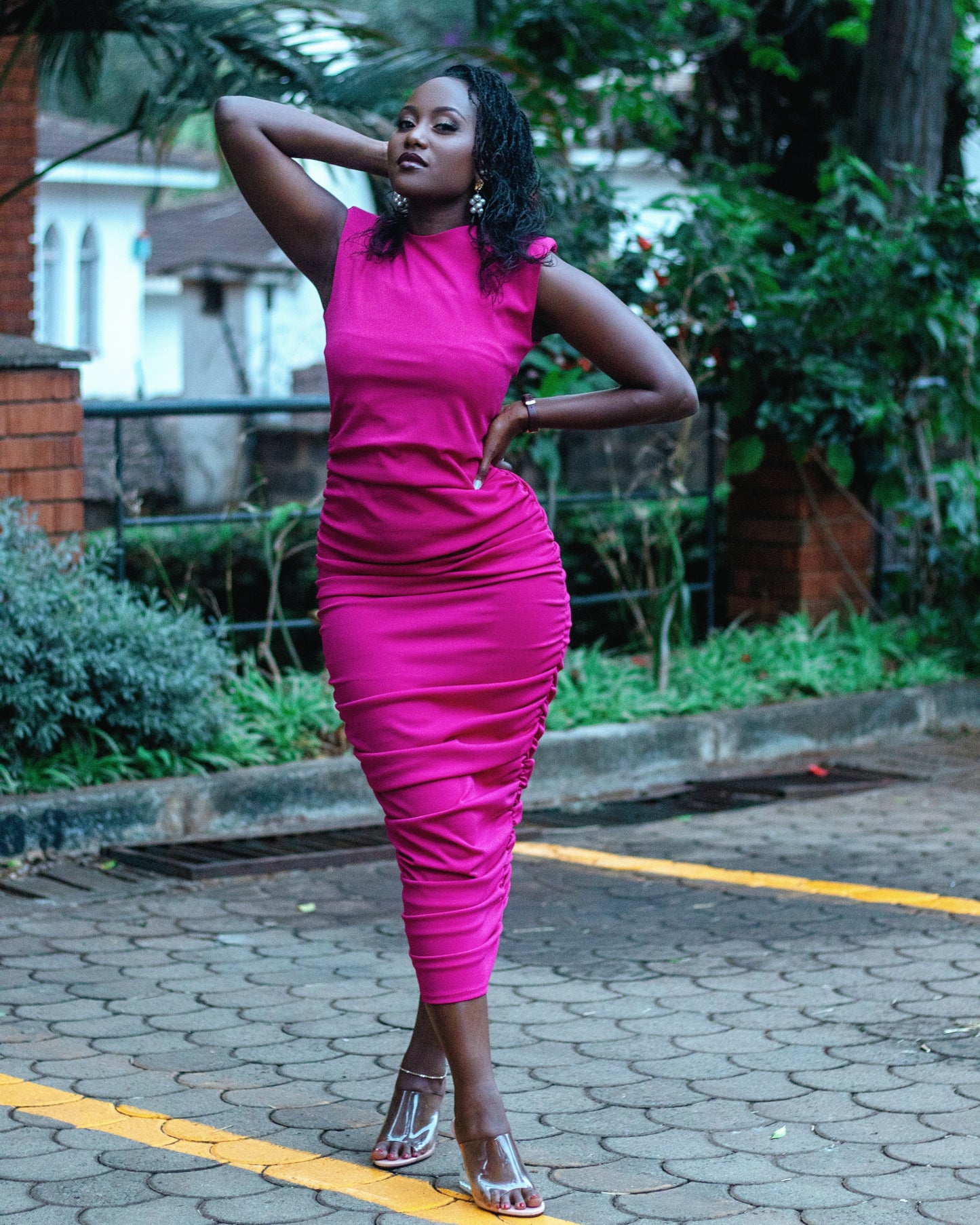 "Never Basic" Padded Shoulder Dress- Fuschia